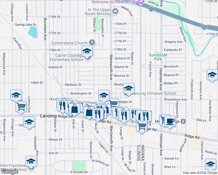 map of restaurants, bars, coffee shops, grocery stores, and more near 18014 Wentworth Avenue in Lansing
