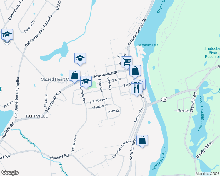 map of restaurants, bars, coffee shops, grocery stores, and more near 40 South B Street in Norwich