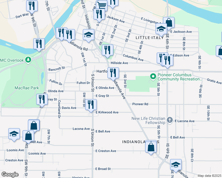 map of restaurants, bars, coffee shops, grocery stores, and more near 115 East Olinda Avenue in Des Moines