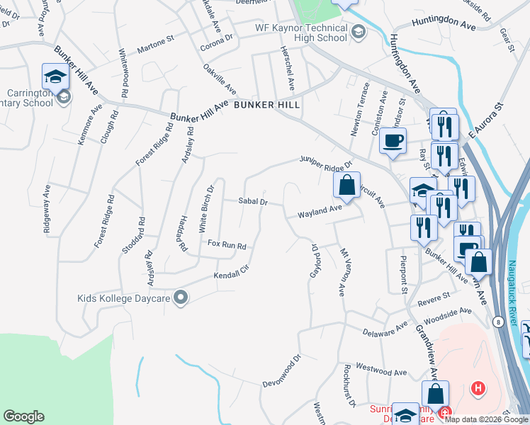 map of restaurants, bars, coffee shops, grocery stores, and more near 15 Kendall Circle in Waterbury