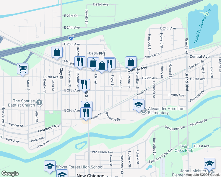 map of restaurants, bars, coffee shops, grocery stores, and more near 934 East 28th Avenue in Gary