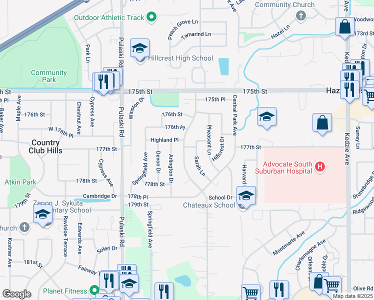 map of restaurants, bars, coffee shops, grocery stores, and more near 3691 177th Street in Country Club Hills
