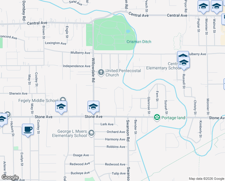 map of restaurants, bars, coffee shops, grocery stores, and more near 2906 Bryant Street in Portage