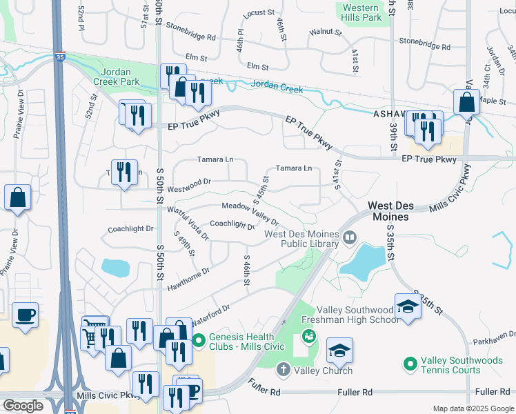 map of restaurants, bars, coffee shops, grocery stores, and more near 4571 Meadow Valley Drive in West Des Moines