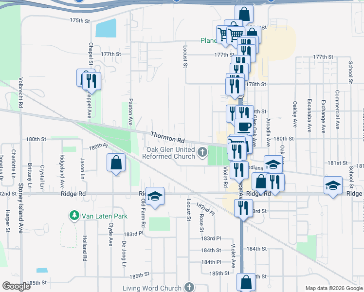 map of restaurants, bars, coffee shops, grocery stores, and more near 2171 Thornton Lansing Road in Lansing