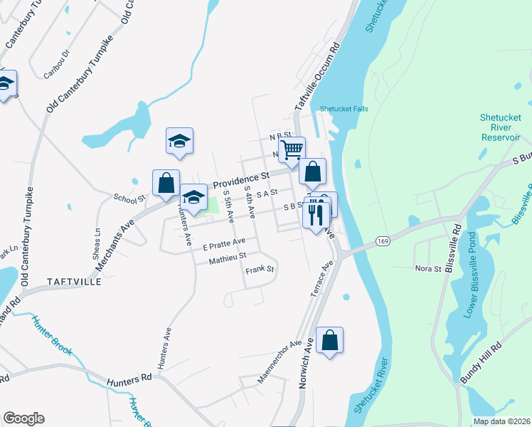 map of restaurants, bars, coffee shops, grocery stores, and more near 23 South B Street in Norwich