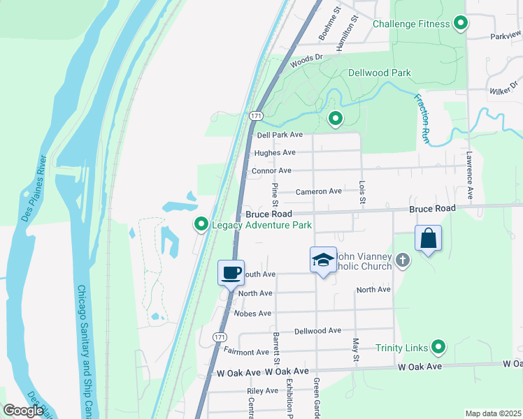 map of restaurants, bars, coffee shops, grocery stores, and more near 117 Bruce Road in Lockport