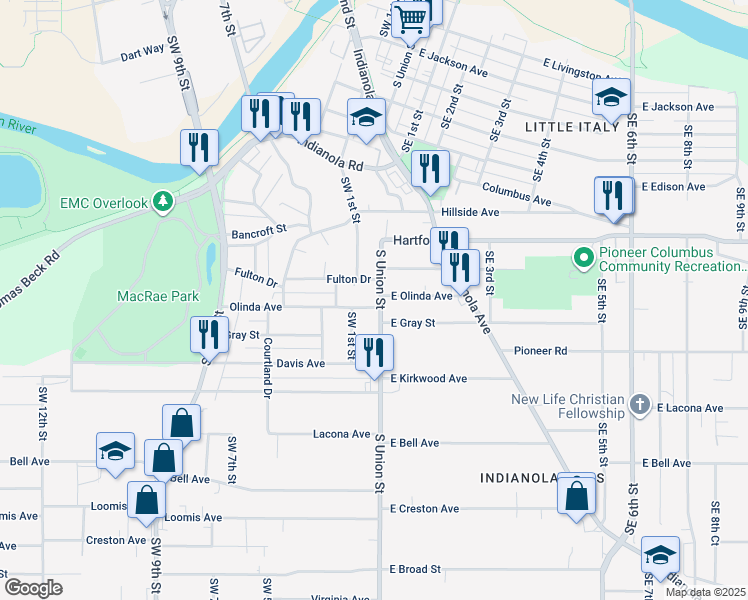 map of restaurants, bars, coffee shops, grocery stores, and more near 2112 S Union St in Des Moines