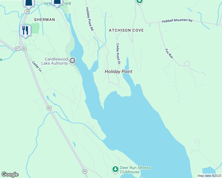 map of restaurants, bars, coffee shops, grocery stores, and more near 39 Holiday Point Road in Sherman