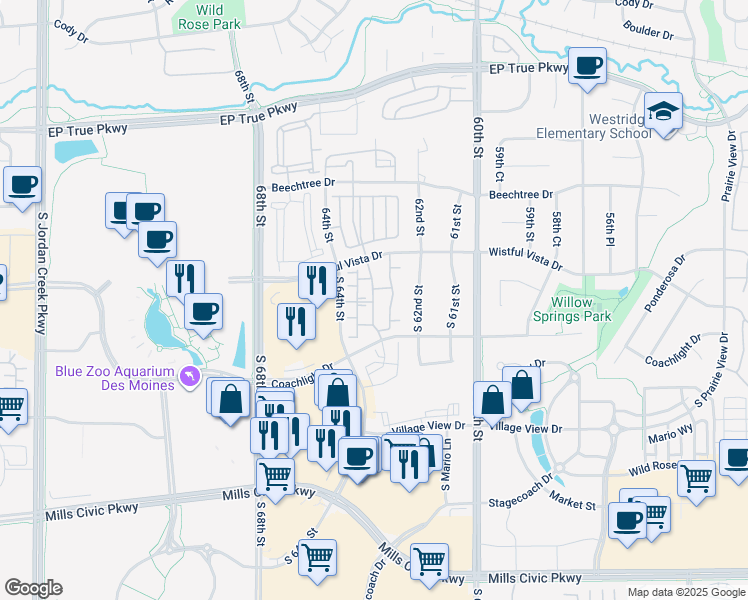 map of restaurants, bars, coffee shops, grocery stores, and more near 6335 Coachlight Drive in West Des Moines