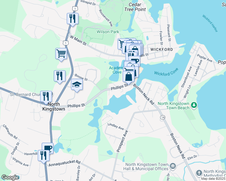 map of restaurants, bars, coffee shops, grocery stores, and more near 90 Phillips Street in North Kingstown