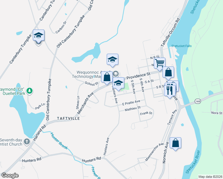map of restaurants, bars, coffee shops, grocery stores, and more near 12 Hunters Avenue in Norwich
