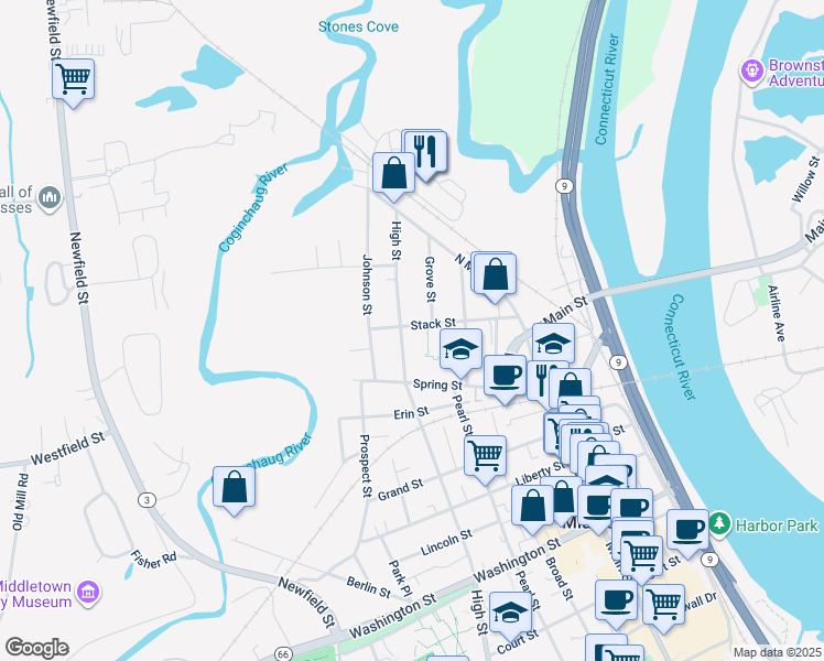 map of restaurants, bars, coffee shops, grocery stores, and more near 590 High Street in Middletown