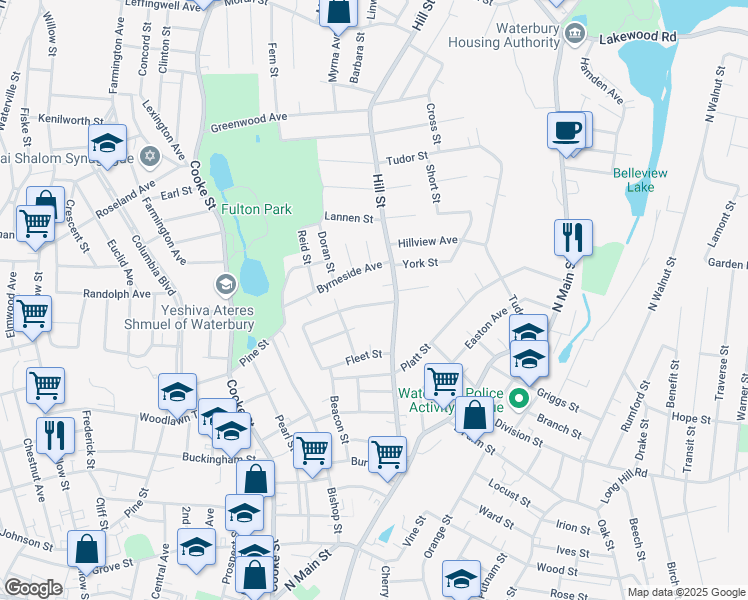 map of restaurants, bars, coffee shops, grocery stores, and more near 48 Pilgrim Avenue in Waterbury