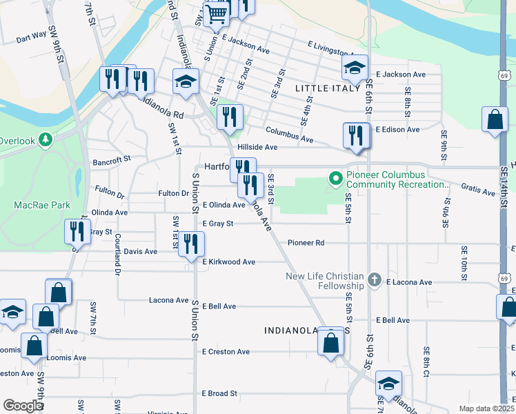 map of restaurants, bars, coffee shops, grocery stores, and more near 7 Indianola Avenue in Des Moines