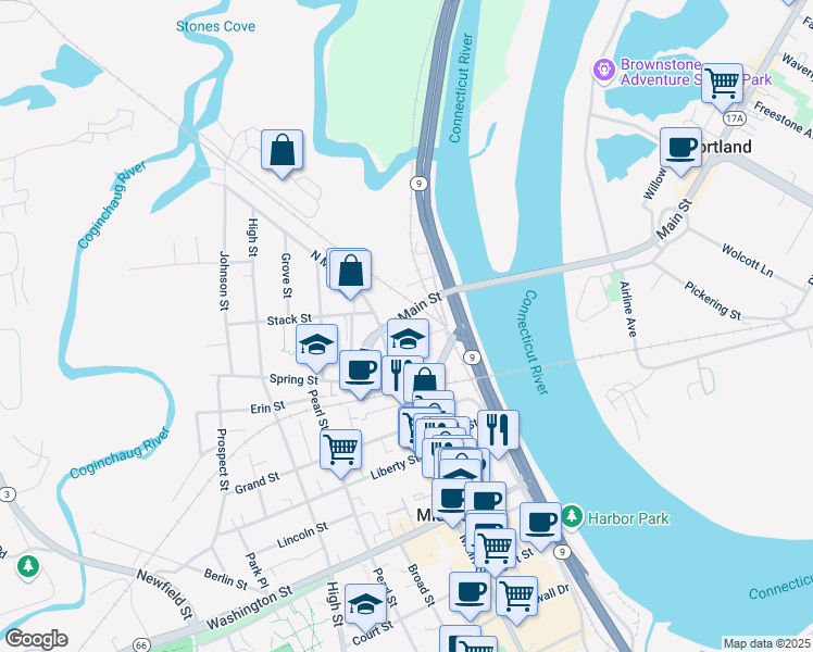 map of restaurants, bars, coffee shops, grocery stores, and more near 50 Saint Johns Street in Middletown