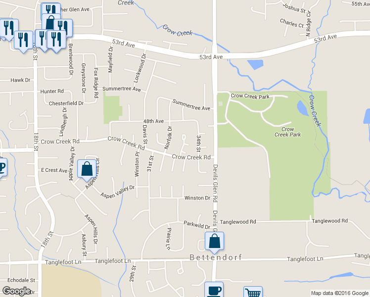 map of restaurants, bars, coffee shops, grocery stores, and more near 4627 Crow Creek Court in Bettendorf