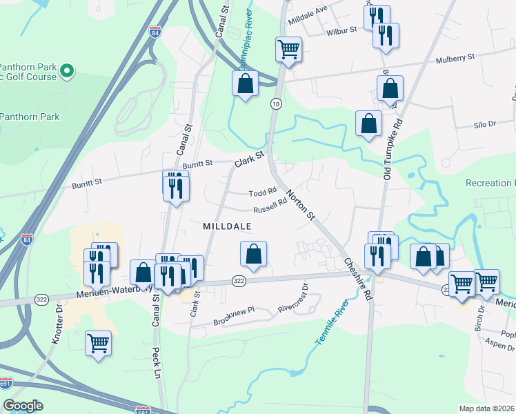 map of restaurants, bars, coffee shops, grocery stores, and more near 61 Russell Road in Meriden