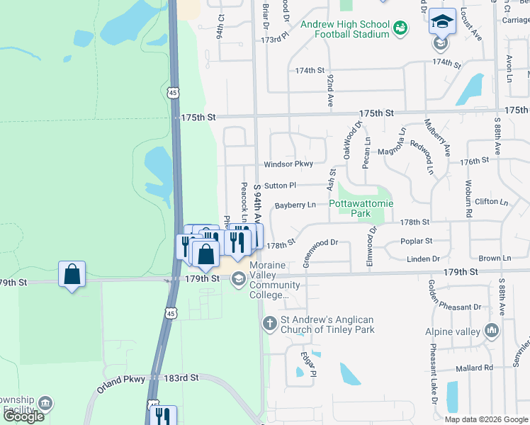 map of restaurants, bars, coffee shops, grocery stores, and more near 17712 Bayberry Lane in Tinley Park
