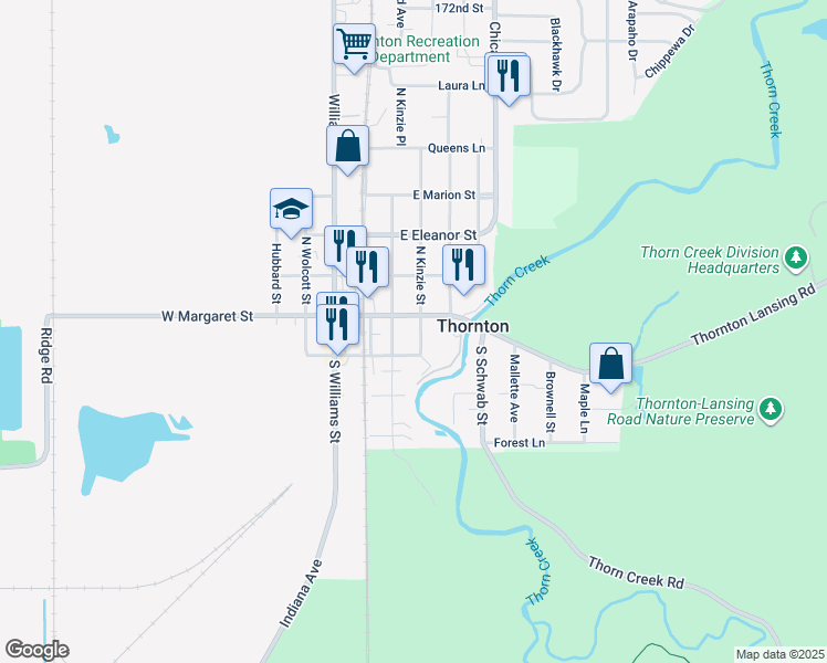 map of restaurants, bars, coffee shops, grocery stores, and more near 108 South Kinzie Street in Thornton