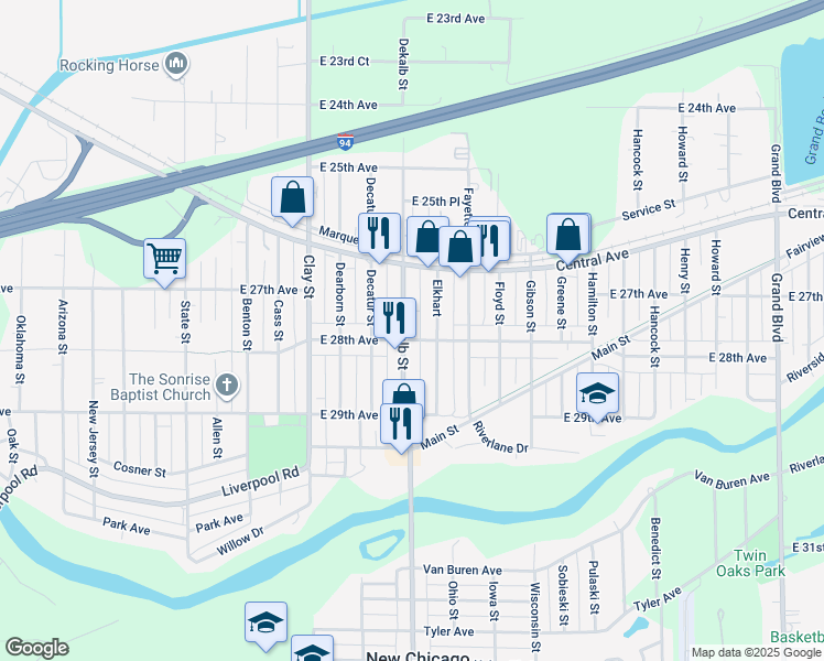 map of restaurants, bars, coffee shops, grocery stores, and more near 2765 Dekalb Street in Gary