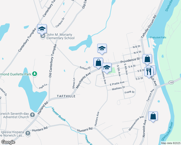 map of restaurants, bars, coffee shops, grocery stores, and more near Merchants Avenue & School Street in Norwich