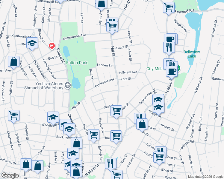 map of restaurants, bars, coffee shops, grocery stores, and more near 48 Pilgrim Avenue in Waterbury