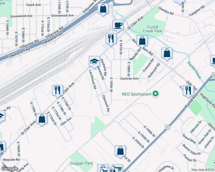 map of restaurants, bars, coffee shops, grocery stores, and more near 1453 Clearaire Rd in Cleveland