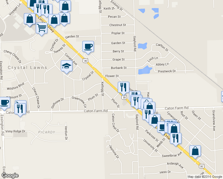map of restaurants, bars, coffee shops, grocery stores, and more near 2442 Plainfield Road in Joliet