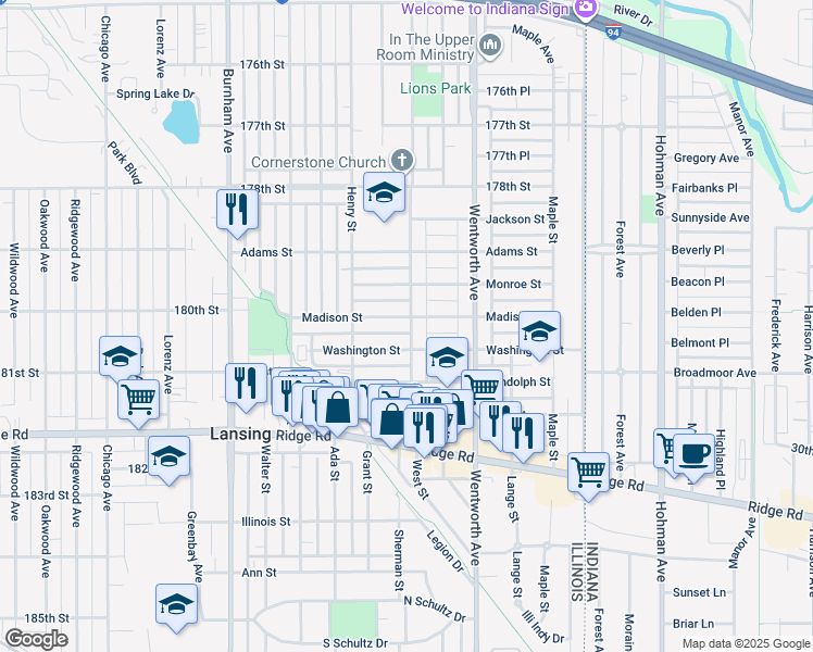 map of restaurants, bars, coffee shops, grocery stores, and more near 3453 Madison Street in Lansing