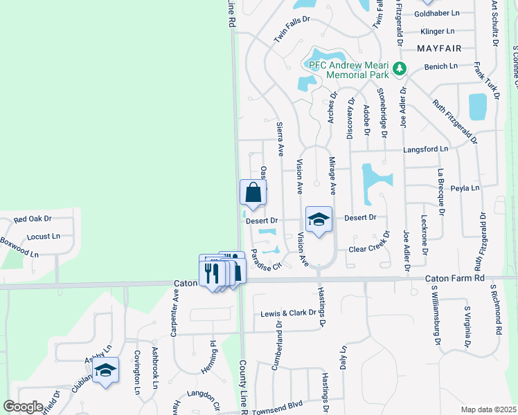 map of restaurants, bars, coffee shops, grocery stores, and more near 2601 Canyon Drive in Plainfield