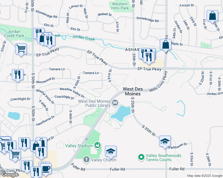 map of restaurants, bars, coffee shops, grocery stores, and more near 255 South 41st Street in West Des Moines