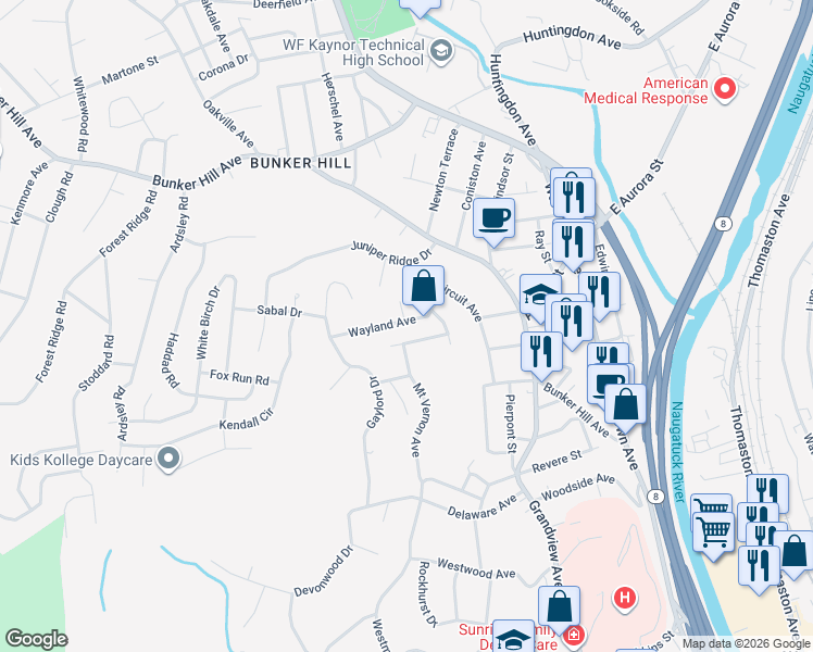 map of restaurants, bars, coffee shops, grocery stores, and more near 47 Wayland Avenue in Waterbury