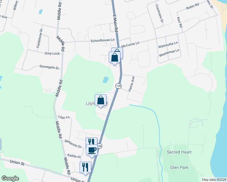 map of restaurants, bars, coffee shops, grocery stores, and more near 1250 E Main Rd in Portsmouth