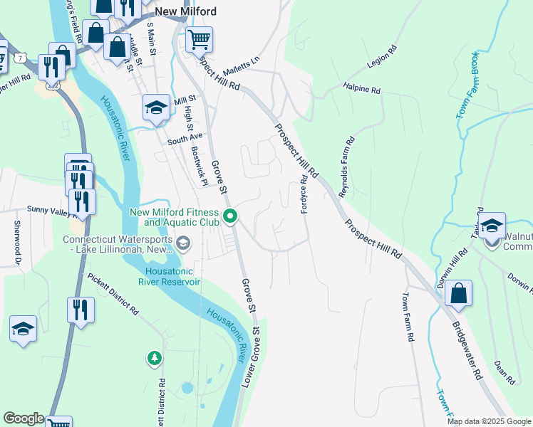 map of restaurants, bars, coffee shops, grocery stores, and more near 86 Valley Drive in New Milford