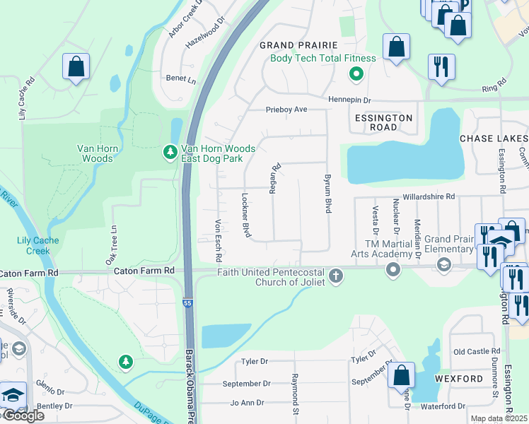 map of restaurants, bars, coffee shops, grocery stores, and more near 2421 Regan Road in Joliet
