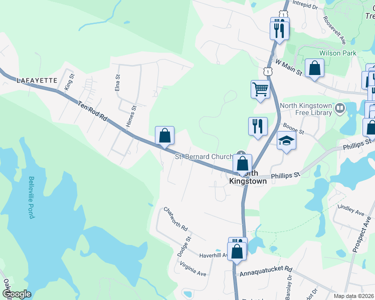 map of restaurants, bars, coffee shops, grocery stores, and more near 159 Ten Rod Road in North Kingstown