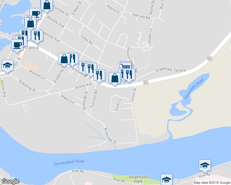 map of restaurants, bars, coffee shops, grocery stores, and more near 4 Susan Circle in Portland