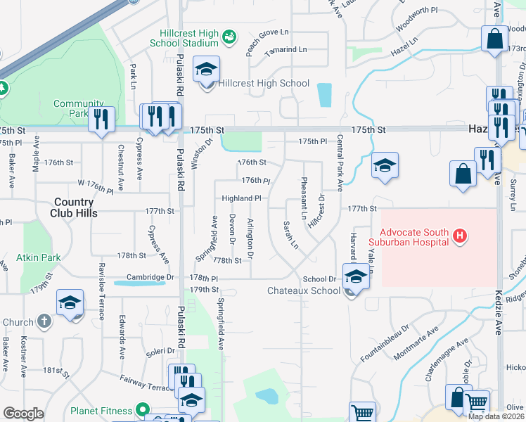 map of restaurants, bars, coffee shops, grocery stores, and more near 17708 Country Club Lane in Country Club Hills