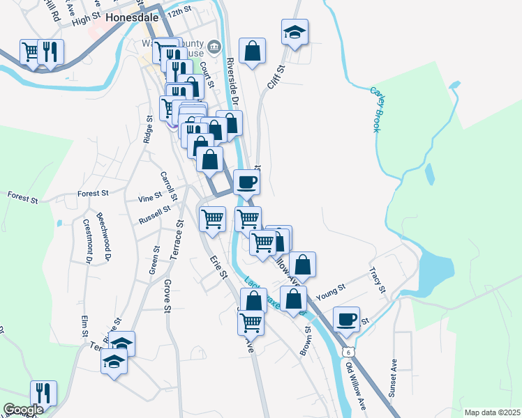 map of restaurants, bars, coffee shops, grocery stores, and more near 123 Willow Avenue in Honesdale
