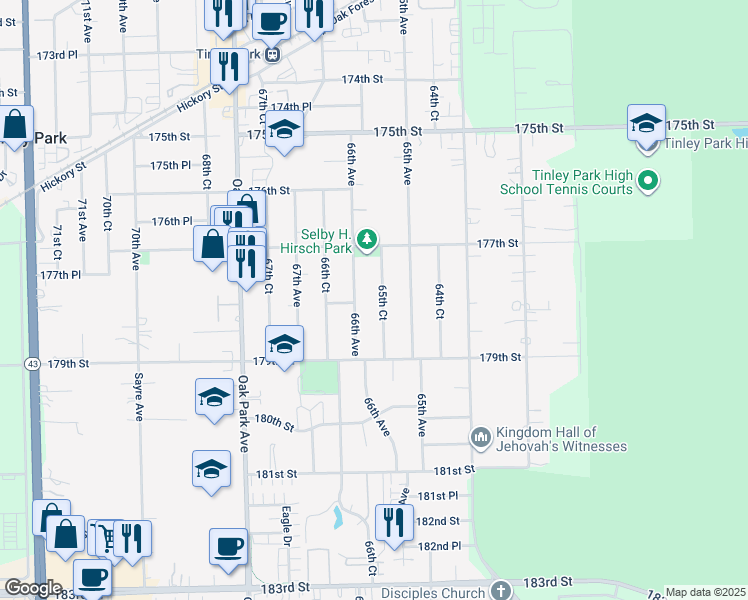map of restaurants, bars, coffee shops, grocery stores, and more near 17758 65th Court in Tinley Park