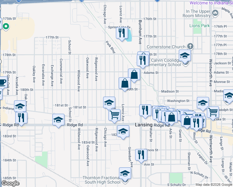 map of restaurants, bars, coffee shops, grocery stores, and more near 18013 Park Avenue in Lansing