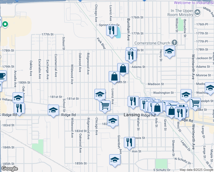 map of restaurants, bars, coffee shops, grocery stores, and more near 18013 Park Avenue in Lansing
