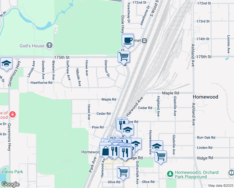 map of restaurants, bars, coffee shops, grocery stores, and more near 17700 Dixie Highway in Homewood