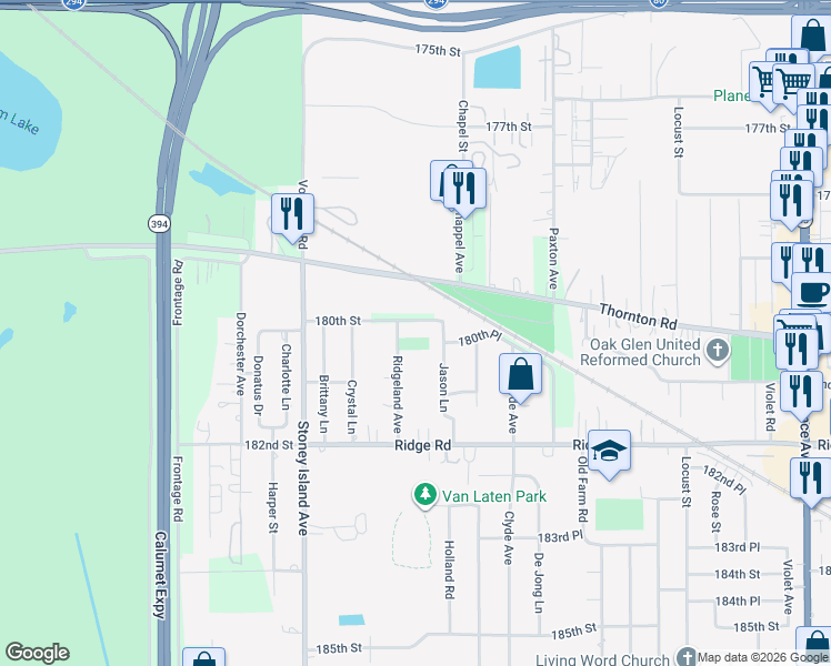 map of restaurants, bars, coffee shops, grocery stores, and more near 18003 Ridgeland Avenue in Lansing