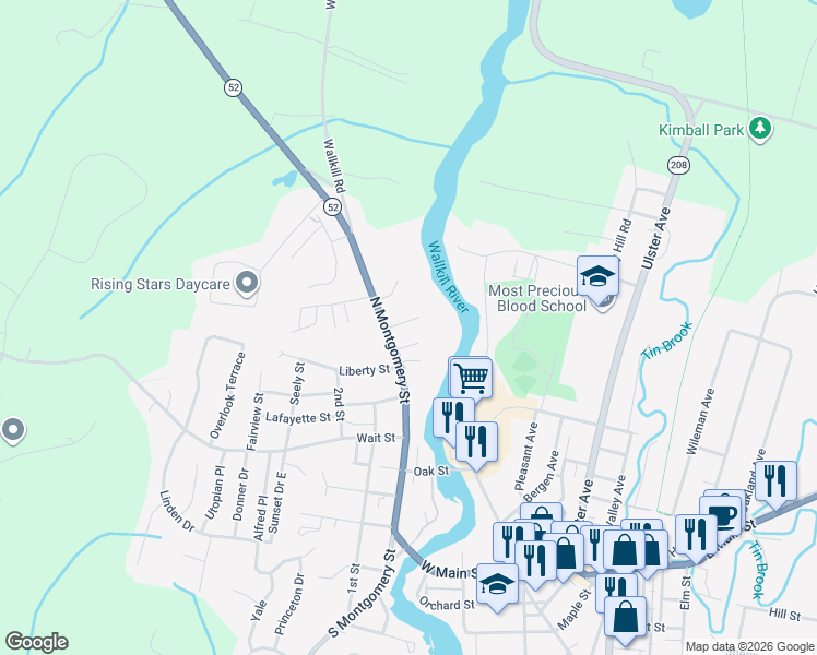 map of restaurants, bars, coffee shops, grocery stores, and more near 105 North Montgomery Street in Walden