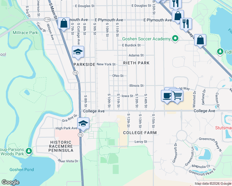 map of restaurants, bars, coffee shops, grocery stores, and more near 1519 South 11th Street in Goshen
