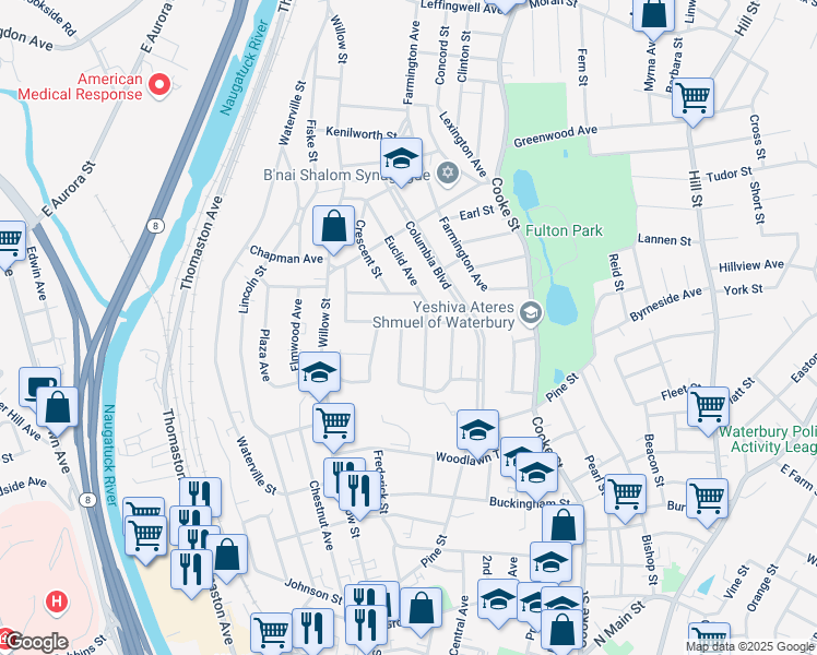 map of restaurants, bars, coffee shops, grocery stores, and more near 64 Randolph Avenue in Waterbury