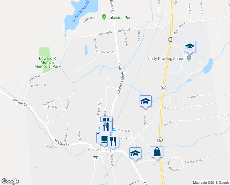 map of restaurants, bars, coffee shops, grocery stores, and more near 142 Charles Colman Boulevard in Pawling