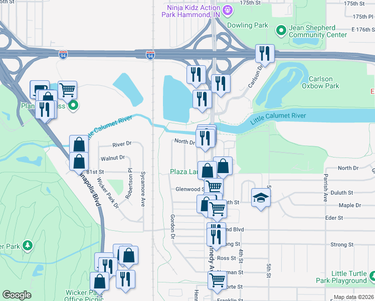 map of restaurants, bars, coffee shops, grocery stores, and more near 8001 Spruce Street in Highland